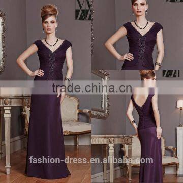 New Elegant Pleated Chiffon Cap Sleeve Low Back Deep Purple Evening Dress 2014