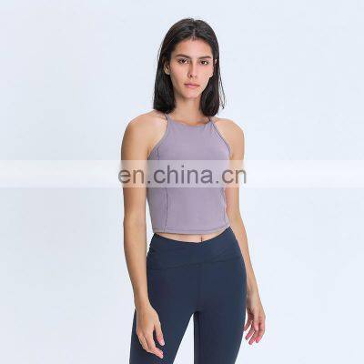 Women's High Neck Strappy Yoga Sports Bras With Removable Pads Fitness Crop Tank Tops For Ladies