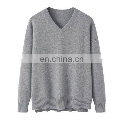 Customizable 100% Cashmere V-Neck Pullover High Quality Knitted Side Split Sweater Plus Size Casual for Winter & Autumn