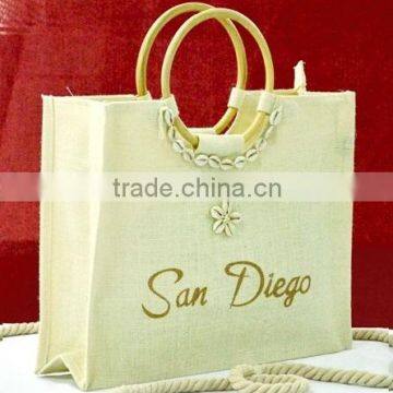 white jute bag with bamboo handle, wholesale jute beach bag