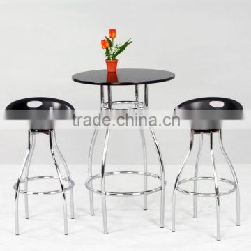 Round Wooden bar table, black bar chair