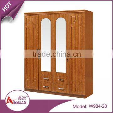 W984-28 foshan cheap modern large bedroom clothes 4 door mirrored wood wardrobe armoires with drawers