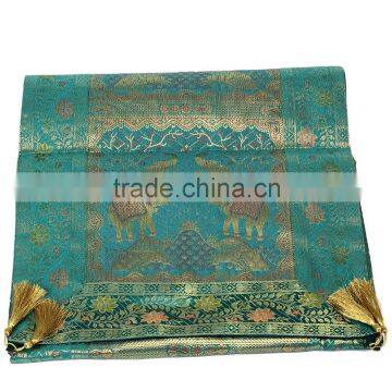 Elephant Design Green Color Indian Silk Rectangel Table Runner