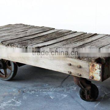 INDIA ANTIQUE RAILWAY SLEEPER WOOD COFFEE TABLE WITH WHEELS CART