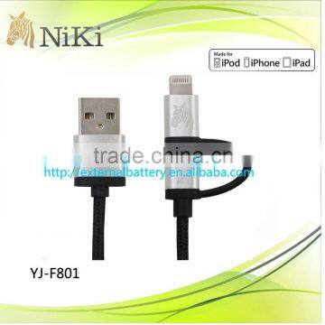 MFI 2 in 1 USB Cable with Aluminum case and Nylon braided usb cable for iPhone and for Android products