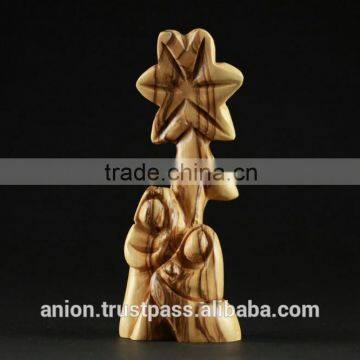 Olive Wood Carved Composition of Holy Family With Flower.