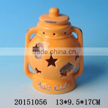 Wholesale orange ceramic halloween lantern with led light/tealight for 2016 halloween party