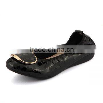 Soft comfortable footwear embossed leather black color with metal shoes supplier ladies fancy shoes