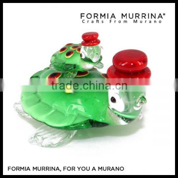 Art Glass Collections Green Glass Turtles Mother and Baby with Red Hat