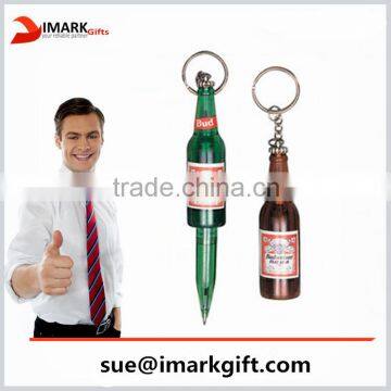 plastic beer bottle shaped ball pen with key ring new style retractable roller pen