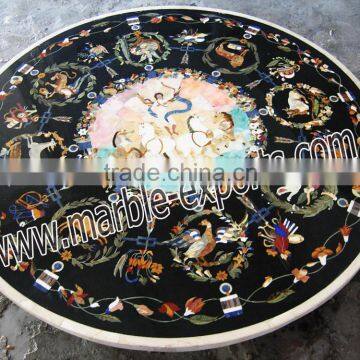 Italian Inlay Marble Dinning Table Top, Round Black Pietra Dura Table Top
