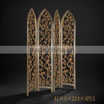 Retro Furniture Engraved Wooden Floor Screen, Exquisite Hand Carved 4 Panel Folding Screen, Gold Painting Decorative Screen