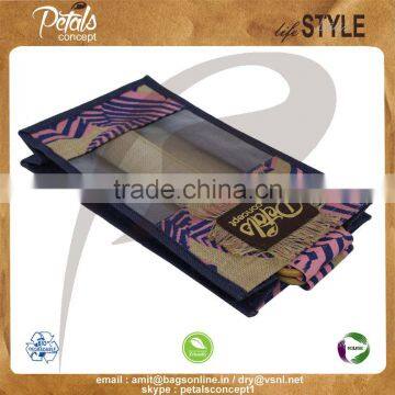 PP Laminated Jute Two Bottle Wine Bag With Window & With Wooden Cane Handle With Inside Partition photo-5