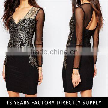 2016 Long Sleeve One-piece Dress With Silver Lace Appliqued Sexy Girl Bodycon Dress