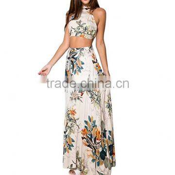 Women's Sexy 2 Piece Dress Set Slim Floral Backless Crop Toplong Skirt+Maxi Dress photo-2