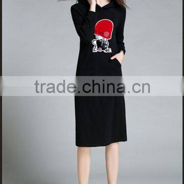 Long Sleeve Hooded Black Fleece Dress Long Hoodie photo-2