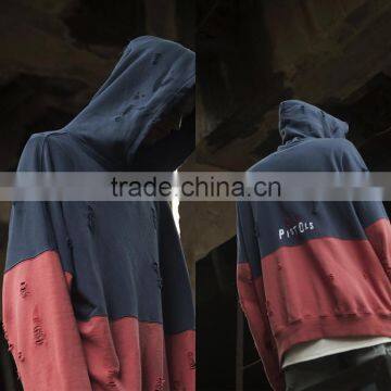 China Suppliers New Custom Fashion Men Contrast Two Color Pullover Oversized Distressed Hoodie With Embroidered Logo photo-2