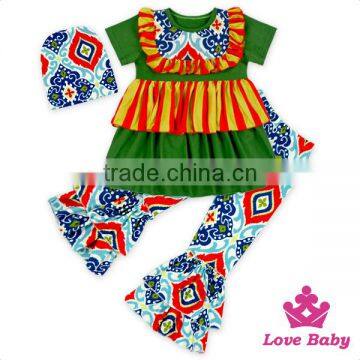 66TQZ462 Lovebaby 3 Pcs Printed Fabric Stitching Short Sleeve Shirts Baby Hat With Legging Boutique Childrens Clothes Set photo-3