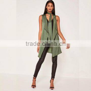 Light Weight Crepe Sleeveless Cardigan Women's Khaki Green Waistcoat photo-4
