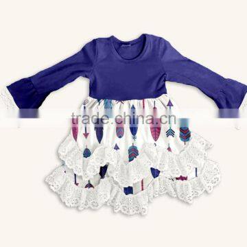 CH00307YIWU BOYA Cotton milk silk ruffle dress kids clothes blue feather prints wearing boutique dress