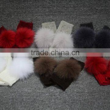 High quality colorful warm kintted fingerless glove with fox fur ball decoration