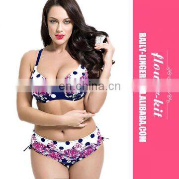 Plus Size Elastic Wave Point Flower Printed High Waist Backless Swimwear Sets Women