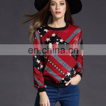 USA fashion women long sleeves loose plus size red start print t shirt