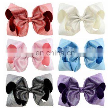 8inches Girl Solid Color Hair Clips Kids LASER PU Barrettes Big Bow 6Colors photo-3