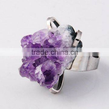 Natural Real Rough Drusy Black Agate Crystal Amethyst Rings Gemstone Ring With Adjustable Metal Women Finger Jewelry photo-4