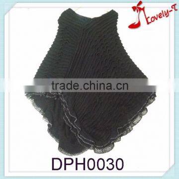 New arrival blacck ripple crochit knit pullover poncho sweater with lace on the fringe