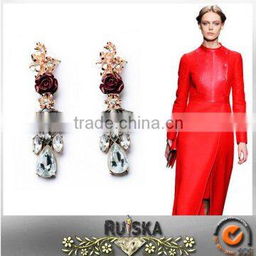 Rose Gold Plated Alloy Dark Red Flower Design Earrings