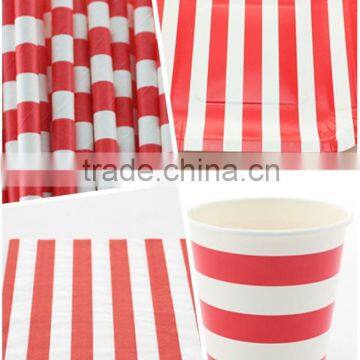 Disposable Tableware Of Red Striped Straw Plate Cup Napkin