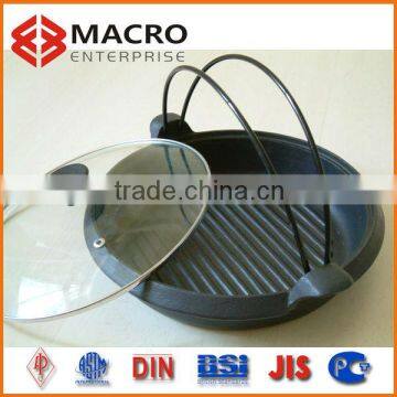 cast iron round ribs fry pan with glass lid