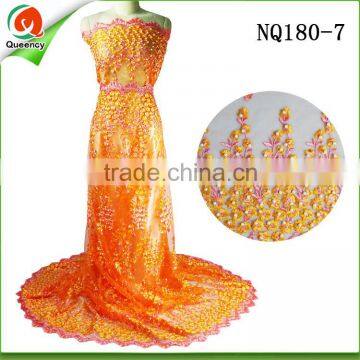 NQ180-7 orange african lace fabrics embroidered floral design french lace with pearls flowers