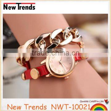 Gold Chain Wrap Bracelet Leather Watch Women Fancy Jewelry