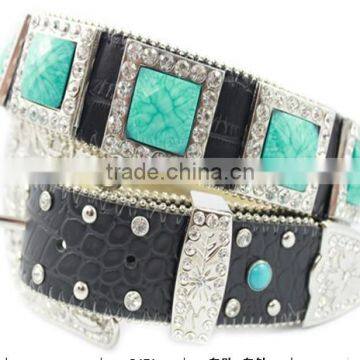 Fashion Turquoise Cross Studded Crocodile Leather Western Belt With Rhinestone