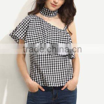 Blouses Latest Fashion Design Women Clothing Black and White Gingham Ruffle One Sleeve Blouse photo-5