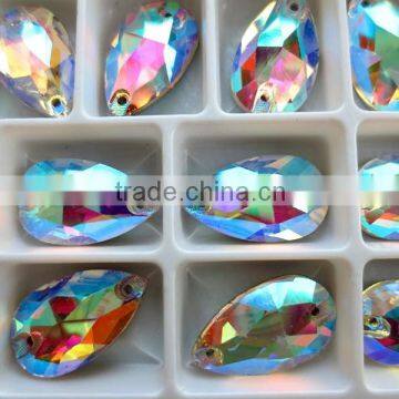 High refraction tear drop shape crystal AB color 17x28mm fancy stones .High definition decorative colored glass sew on stones