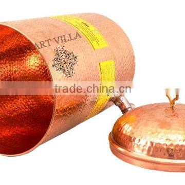Indian Art Villa Pure Copper Hammered 12 Liter Flat Hammer Water Pot With Tap - Serving & Storage Water - Home, Hotel, Restauran
