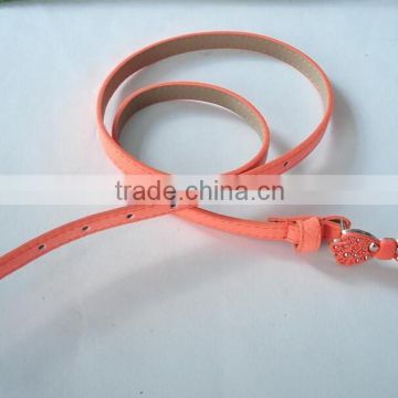 LADIES SKINNY BELT WITH BEADED BOW BUCKLE / ORANGE / SHINY PATENT LEATHER BELT FASHION