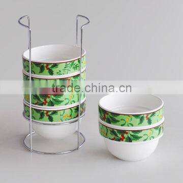 Stackable Salad Bowl, Set of 4 or 6, Porcelain With Decal and Metal Holder photo-3