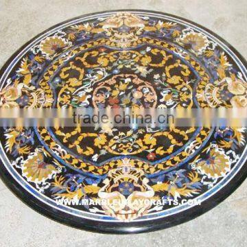 Round Marble Pietra Dura Black Dining Table Tops, Marble Inlay Table Tops