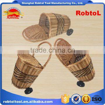 Unique Vintage Willow Weaved Woven Wicker Shopping Trolley Wheels Basket Cart