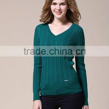 OEM Ladies Fashion Long Sleeve V-neck Solid Vantage Woman Pullover Sweater