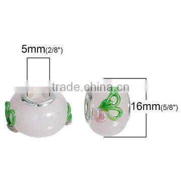 Lampwork Glass European Style Large Hole Charm Beads Round Silver Plated Core Light Pink Flower Pattern Enamel photo-2