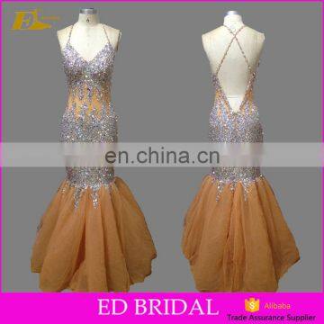 Mermaid Patterns Straps Cross Backless Champagne Heavy Beaded Sexy Prom Dress For Girls