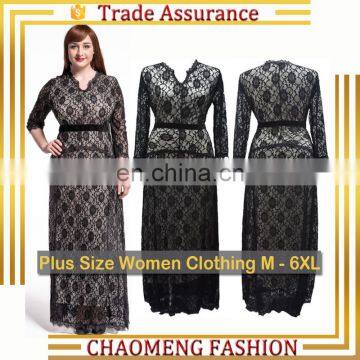 3058# Black Ladies New Model Fashion Fat Long Sleeve Patterns One Piece Evening Dresses Lace Dress Plus Size Women Clothing