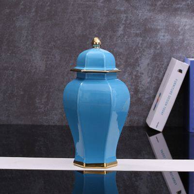 Hexagon New Chinese Style Large Blue Gild Ceramic Vase Decoration Art For Hallway TV Bench photo-2