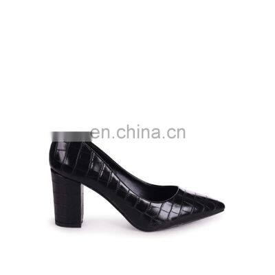 Women fancy design black crocodile design ladies heel pointed toe attractive color pumps shoes