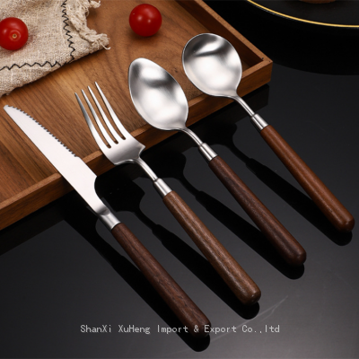 High Quality Wholesale China Factory Price Set of 4 Pieces Plated Silverware Cutlery Set Stainless Steel With Round Wood Handle Dinner Knife Fork Spoon photo-2